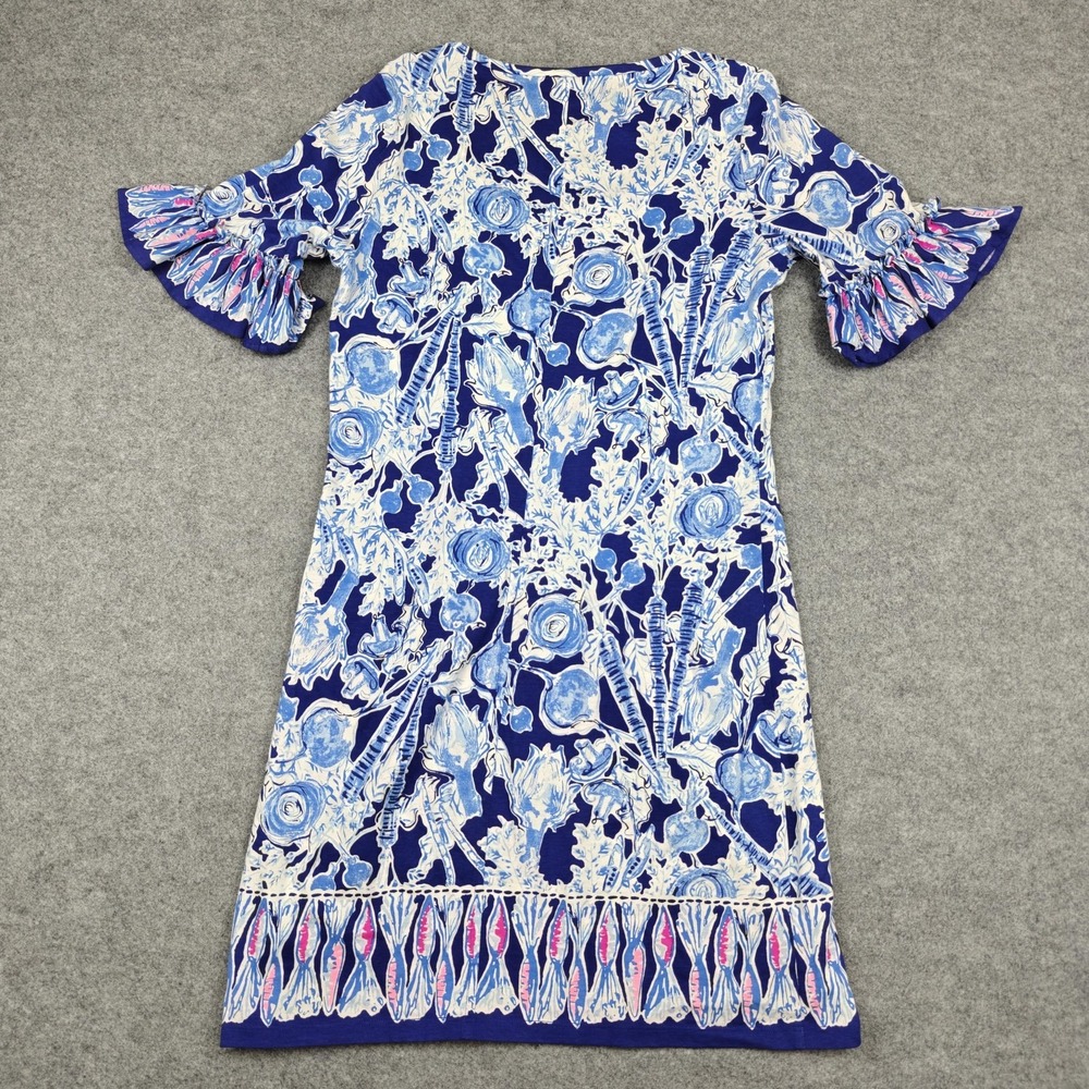 Lilly Pulitzer Dress Womens Small Blue Floral Jersey Ruffle Bell Sleeve Shift - Picture 6 of 9